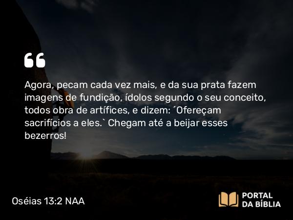 Oséias 13:2 NAA - Agora, pecam cada vez mais, e da sua prata fazem imagens de fundição, ídolos segundo o seu conceito, todos obra de artífices, e dizem: ‘Ofereçam sacrifícios a eles.’ Chegam até a beijar esses bezerros!