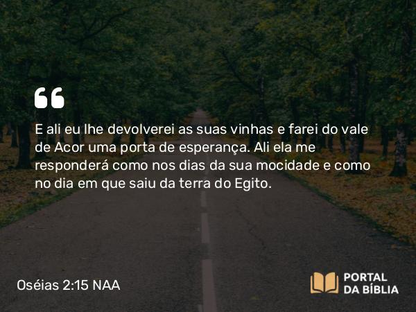 Oséias 2:15 NAA - E ali eu lhe devolverei as suas vinhas e farei do vale de Acor uma porta de esperança. Ali ela me responderá como nos dias da sua mocidade e como no dia em que saiu da terra do Egito.