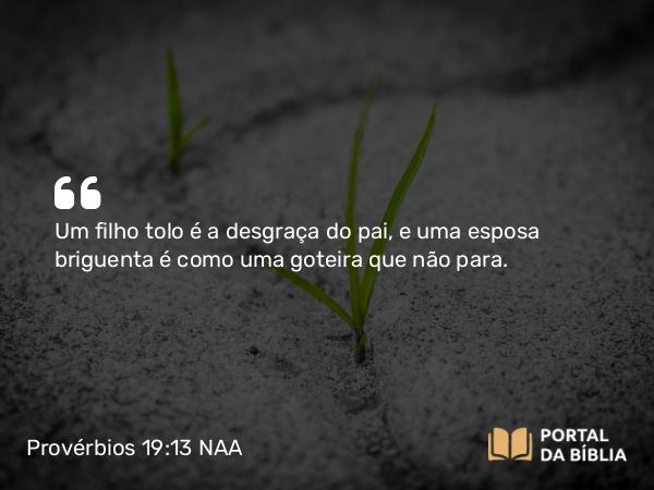 Provérbios 19:13 NAA - Um filho tolo é a desgraça do pai, e uma esposa briguenta é como uma goteira que não para.