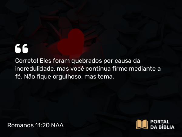 Romanos 11:20 NAA - Correto! Eles foram quebrados por causa da incredulidade, mas você continua firme mediante a fé. Não fique orgulhoso, mas tema.