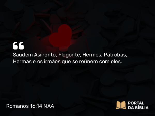 Romanos 16:14 NAA - Saúdem Asíncrito, Flegonte, Hermes, Pátrobas, Hermas e os irmãos que se reúnem com eles.