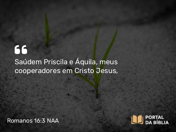 Romanos 16:3 NAA - Saúdem Priscila e Áquila, meus cooperadores em Cristo Jesus,