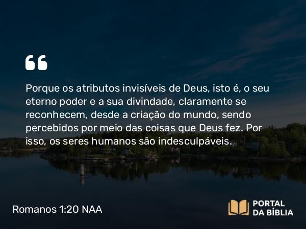 Romanos 1:20-21 NAA - Porque os atributos invisíveis de Deus, isto é, o seu eterno poder e a sua divindade, claramente se reconhecem, desde a criação do mundo, sendo percebidos por meio das coisas que Deus fez. Por isso, os seres humanos são indesculpáveis.