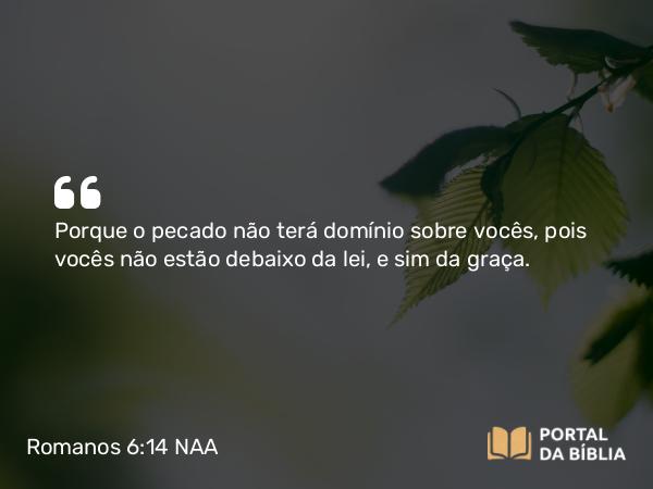 Romanos 6:14 NAA - Porque o pecado não terá domínio sobre vocês, pois vocês não estão debaixo da lei, e sim da graça.