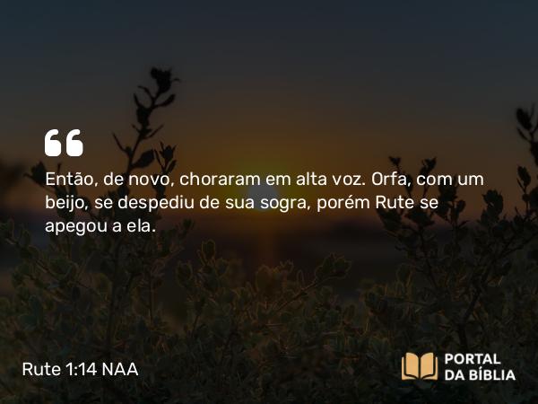 Rute 1:14 NAA - Então, de novo, choraram em alta voz. Orfa, com um beijo, se despediu de sua sogra, porém Rute se apegou a ela.