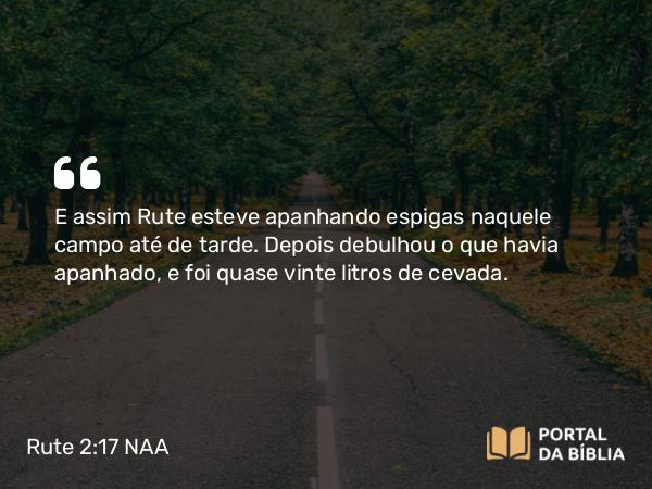 Rute 2:17 NAA - E assim Rute esteve apanhando espigas naquele campo até de tarde. Depois debulhou o que havia apanhado, e foi quase vinte litros de cevada.