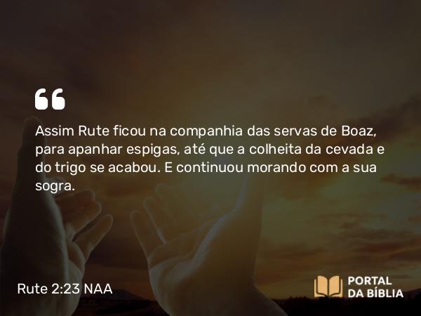 Rute 2:23 NAA - Assim Rute ficou na companhia das servas de Boaz, para apanhar espigas, até que a colheita da cevada e do trigo se acabou. E continuou morando com a sua sogra.