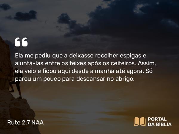 Rute 2:7 NAA - Ela me pediu que a deixasse recolher espigas e ajuntá-las entre os feixes após os ceifeiros. Assim, ela veio e ficou aqui desde a manhã até agora. Só parou um pouco para descansar no abrigo.