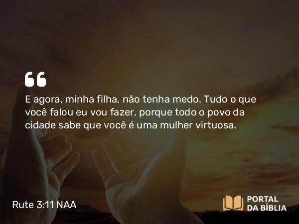 Rute 3:11 NAA - E agora, minha filha, não tenha medo. Tudo o que você falou eu vou fazer, porque todo o povo da cidade sabe que você é uma mulher virtuosa.