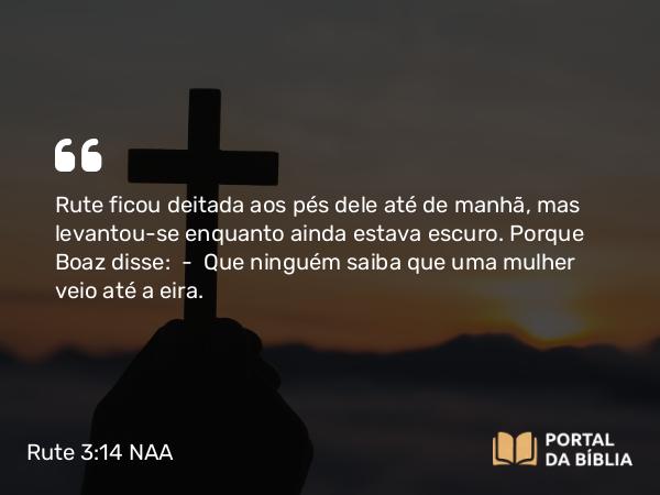 Rute 3:14 NAA - Rute ficou deitada aos pés dele até de manhã, mas levantou-se enquanto ainda estava escuro. Porque Boaz disse: — Que ninguém saiba que uma mulher veio até a eira.