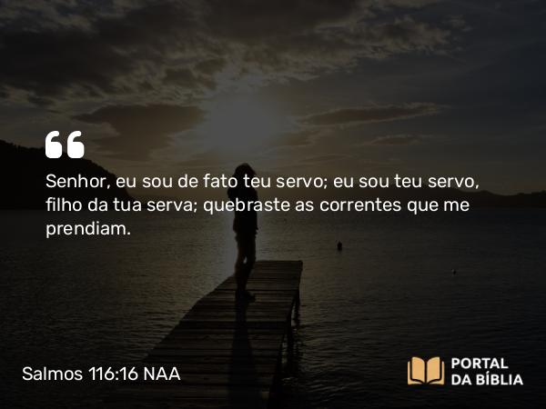 Salmos 116:16 NAA - Senhor, eu sou de fato teu servo; eu sou teu servo, filho da tua serva; quebraste as correntes que me prendiam.