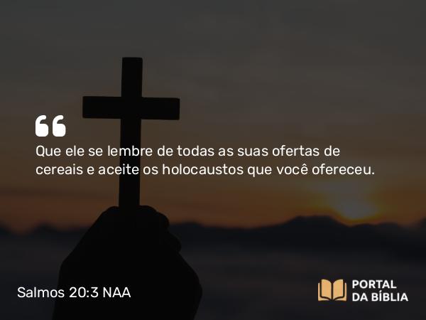 Salmos 20:3 NAA - Que ele se lembre de todas as suas ofertas de cereais e aceite os holocaustos que você ofereceu.