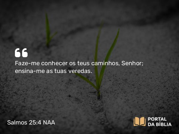 Salmos 25:4 NAA - Faze-me conhecer os teus caminhos, Senhor; ensina-me as tuas veredas.