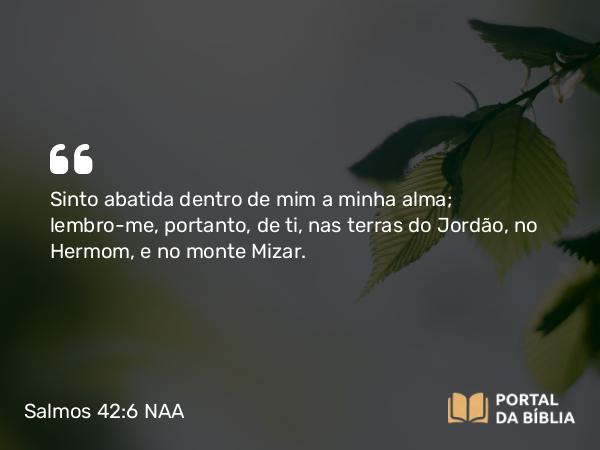 Salmos 42:6 NAA - Sinto abatida dentro de mim a minha alma; lembro-me, portanto, de ti, nas terras do Jordão, no Hermom, e no monte Mizar.