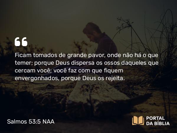 Salmos 53:5 NAA - Ficam tomados de grande pavor, onde não há o que temer; porque Deus dispersa os ossos daqueles que cercam você; você faz com que fiquem envergonhados, porque Deus os rejeita.