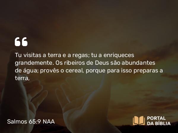 Salmos 65:9 NAA - Tu visitas a terra e a regas; tu a enriqueces grandemente. Os ribeiros de Deus são abundantes de água; provês o cereal, porque para isso preparas a terra,