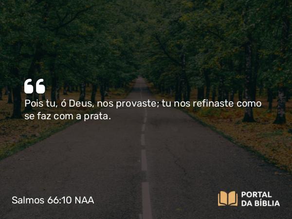 Salmos 66:10 NAA - Pois tu, ó Deus, nos provaste; tu nos refinaste como se faz com a prata.