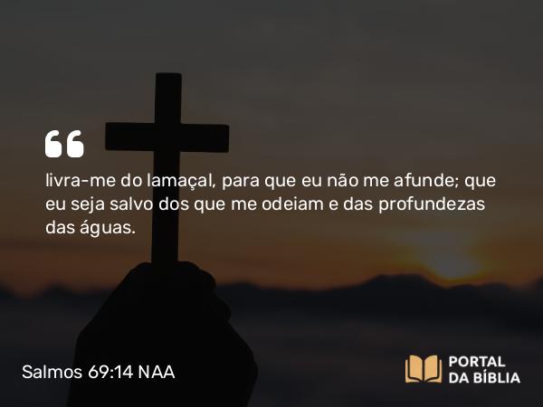 Salmos 69:14 NAA - livra-me do lamaçal, para que eu não me afunde; que eu seja salvo dos que me odeiam e das profundezas das águas.