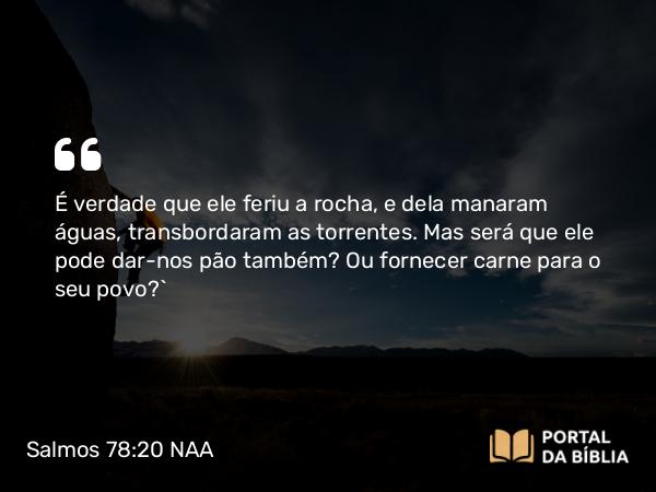 Salmos 78:20 NAA - É verdade que ele feriu a rocha, e dela manaram águas, transbordaram as torrentes. Mas será que ele pode dar-nos pão também? Ou fornecer carne para o seu povo?