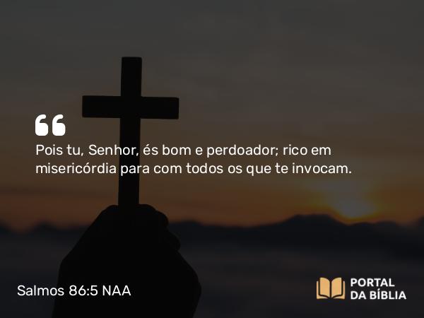 Salmos 86:5 NAA - Pois tu, Senhor, és bom e perdoador; rico em misericórdia para com todos os que te invocam.