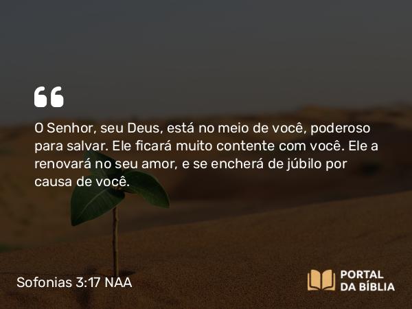 Sofonias 3:17 NAA - O Senhor, seu Deus, está no meio de você, poderoso para salvar. Ele ficará muito contente com você. Ele a renovará no seu amor, e se encherá de júbilo por causa de você.