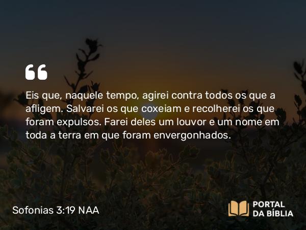 Sofonias 3:19-20 NAA - Eis que, naquele tempo, agirei contra todos os que a afligem. Salvarei os que coxeiam e recolherei os que foram expulsos. Farei deles um louvor e um nome em toda a terra em que foram envergonhados.