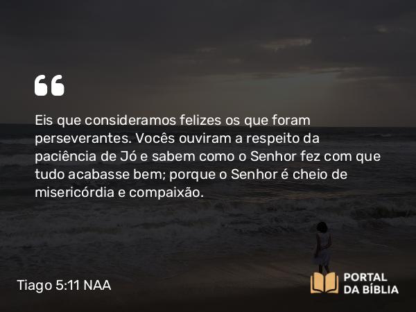 Tiago 5:11 NAA - Eis que consideramos felizes os que foram perseverantes. Vocês ouviram a respeito da paciência de Jó e sabem como o Senhor fez com que tudo acabasse bem; porque o Senhor é cheio de misericórdia e compaixão.