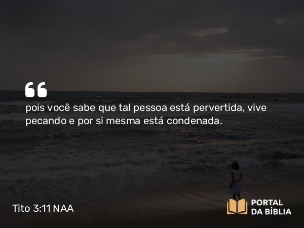 Tito 3:11 NAA - pois você sabe que tal pessoa está pervertida, vive pecando e por si mesma está condenada.