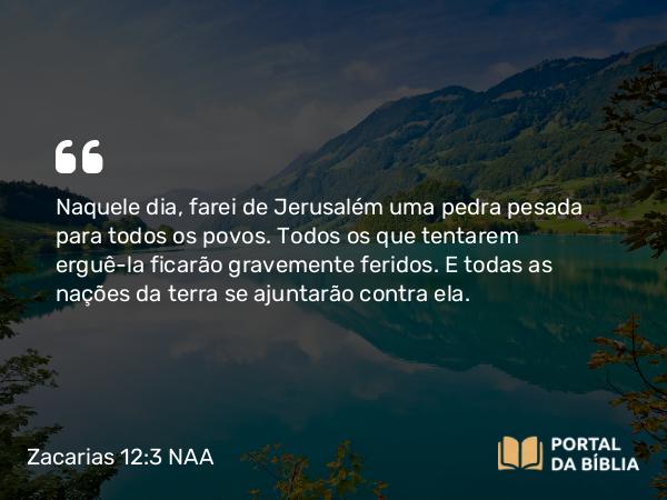 Zacarias 12:3 NAA - Naquele dia, farei de Jerusalém uma pedra pesada para todos os povos. Todos os que tentarem erguê-la ficarão gravemente feridos. E todas as nações da terra se ajuntarão contra ela.