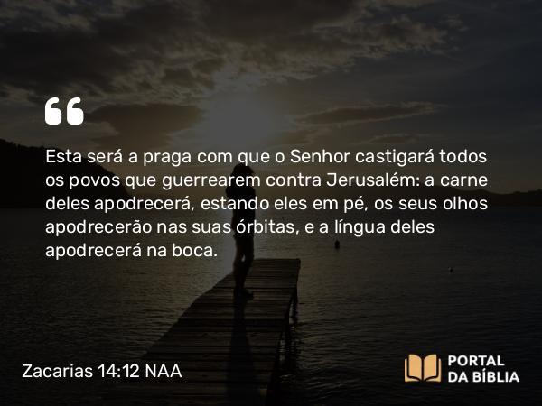 Zacarias 14:12 NAA - Esta será a praga com que o Senhor castigará todos os povos que guerrearem contra Jerusalém: a carne deles apodrecerá, estando eles em pé, os seus olhos apodrecerão nas suas órbitas, e a língua deles apodrecerá na boca.