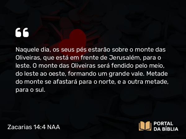 Zacarias 14:4 NAA - Naquele dia, os seus pés estarão sobre o monte das Oliveiras, que está em frente de Jerusalém, para o leste. O monte das Oliveiras será fendido pelo meio, do leste ao oeste, formando um grande vale. Metade do monte se afastará para o norte, e a outra metade, para o sul.