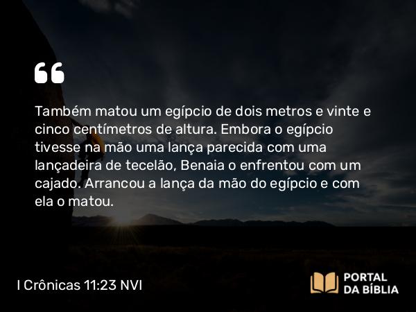 I Crônicas 11:23 NVI - Também matou um egípcio de dois metros e vinte e cinco centímetros de altura. Embora o egípcio tivesse na mão uma lança parecida com uma lançadeira de tecelão, Benaia o enfrentou com um cajado. Arrancou a lança da mão do egípcio e com ela o matou.