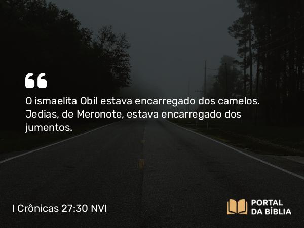 I Crônicas 27:30 NVI - O ismaelita Obil estava encarregado dos camelos. Jedias, de Meronote, estava encarregado dos jumentos.