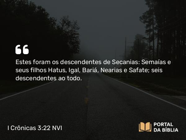 I Crônicas 3:22 NVI - Estes foram os descendentes de Secanias: Semaías e seus filhos Hatus, Igal, Bariá, Nearias e Safate; seis descendentes ao todo.