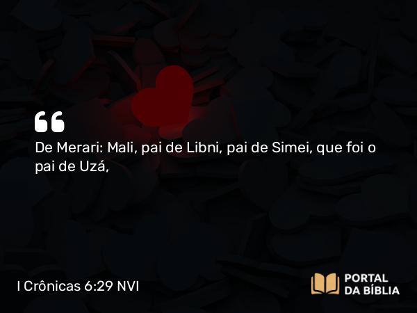 I Crônicas 6:29 NVI - De Merari: Mali, pai de Libni, pai de Simei, que foi o pai de Uzá,