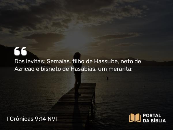 I Crônicas 9:14 NVI - Dos levitas: Semaías, filho de Hassube, neto de Azricão e bisneto de Hasabias, um merarita;