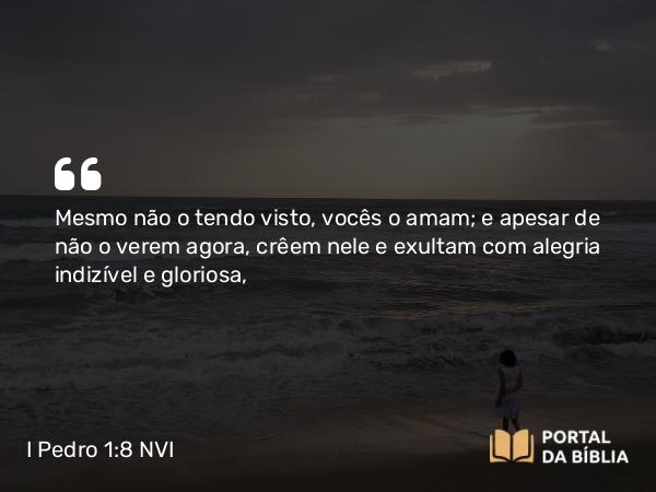 I Pedro 1:8-9 NVI - Mesmo não o tendo visto, vocês o amam; e apesar de não o verem agora, crêem nele e exultam com alegria indizível e gloriosa,