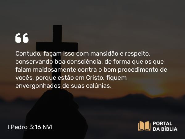 I Pedro 3:16 NVI - Contudo, façam isso com mansidão e respeito, conservando boa consciência, de forma que os que falam maldosamente contra o bom procedimento de vocês, porque estão em Cristo, fiquem envergonhados de suas calúnias.