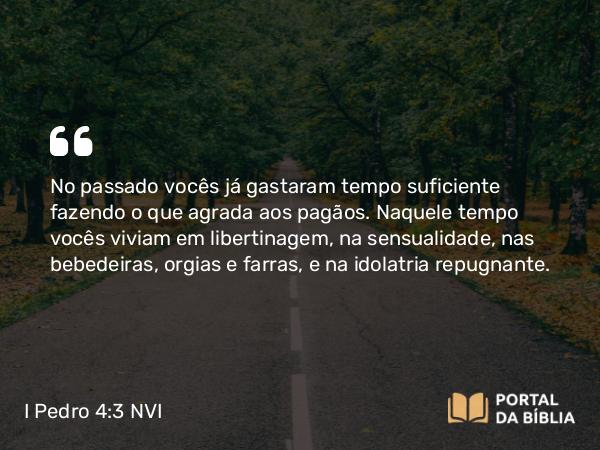 I Pedro 4:3-4 NVI - No passado vocês já gastaram tempo suficiente fazendo o que agrada aos pagãos. Naquele tempo vocês viviam em libertinagem, na sensualidade, nas bebedeiras, orgias e farras, e na idolatria repugnante.