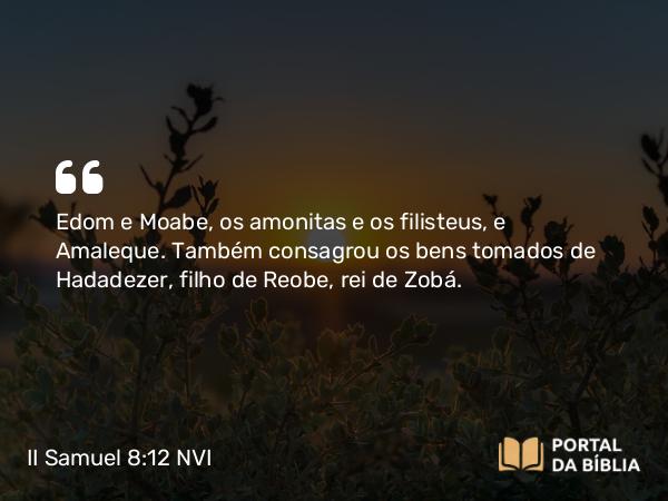 II Samuel 8:12 NVI - Edom e Moabe, os amonitas e os filisteus, e Amaleque. Também consagrou os bens tomados de Hadadezer, filho de Reobe, rei de Zobá.