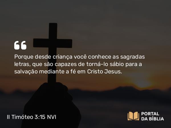 II Timóteo 3:15 NVI - Porque desde criança você conhece as sagradas letras, que são capazes de torná-lo sábio para a salvação mediante a fé em Cristo Jesus.