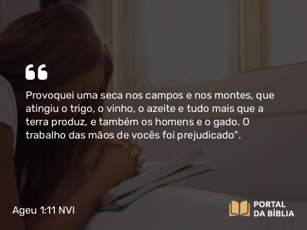 Ageu 1:11 NVI - Provoquei uma seca nos campos e nos montes, que atingiu o trigo, o vinho, o azeite e tudo mais que a terra produz, e também os homens e o gado. O trabalho das mãos de vocês foi prejudicado