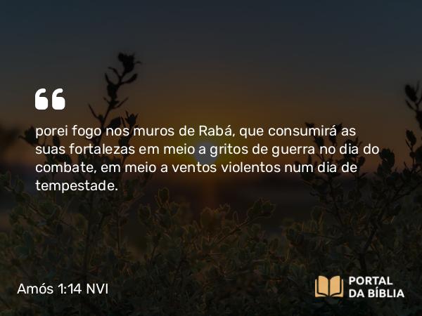 Amós 1:14 NVI - porei fogo nos muros de Rabá, que consumirá as suas fortalezas em meio a gritos de guerra no dia do combate, em meio a ventos violentos num dia de tempestade.