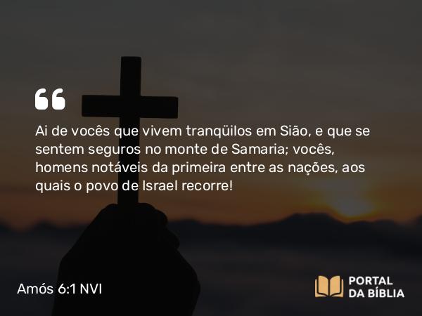 Amós 6:1 NVI - Ai de vocês que vivem tranqüilos em Sião, e que se sentem seguros no monte de Samaria; vocês, homens notáveis da primeira entre as nações, aos quais o povo de Israel recorre!