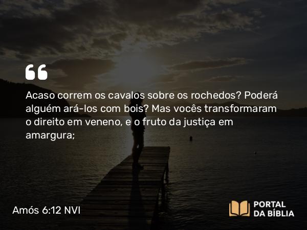 Amós 6:12 NVI - Acaso correm os cavalos sobre os rochedos? Poderá alguém ará-los com bois? Mas vocês transformaram o direito em veneno, e o fruto da justiça em amargura;