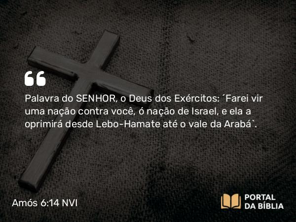 Amós 6:14 NVI - Palavra do SENHOR, o Deus dos Exércitos: ´Farei vir uma nação contra você, ó nação de Israel, e ela a oprimirá desde Lebo-Hamate até o vale da Arabá`.