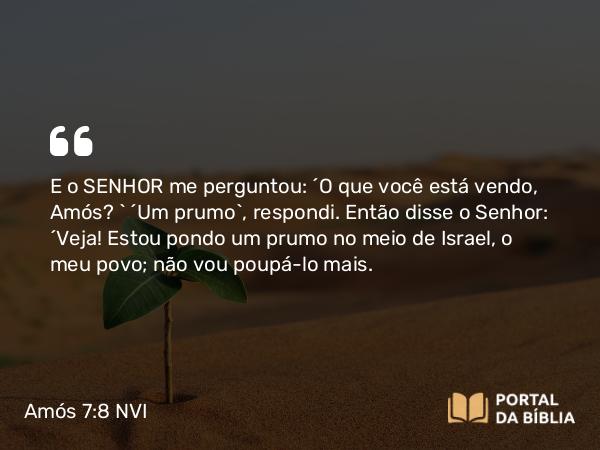 Amós 7:8 NVI - E o SENHOR me perguntou: ´O que você está vendo, Amós? ` ´Um prumo`, respondi. Então disse o Senhor: ´Veja! Estou pondo um prumo no meio de Israel, o meu povo; não vou poupá-lo mais.