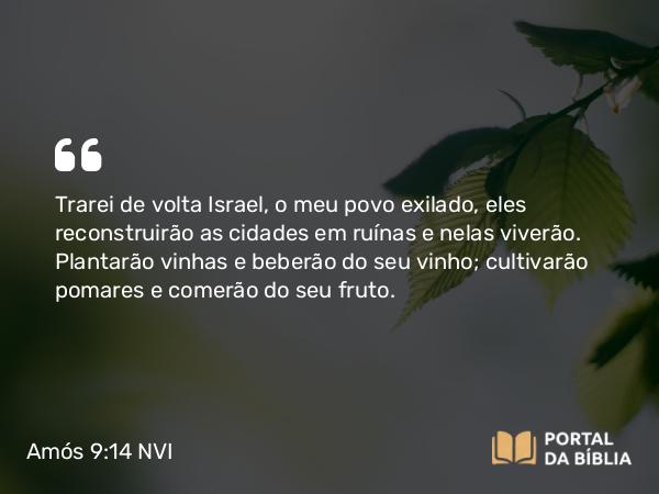 Amós 9:14-15 NVI - Trarei de volta Israel, o meu povo exilado, eles reconstruirão as cidades em ruínas e nelas viverão. Plantarão vinhas e beberão do seu vinho; cultivarão pomares e comerão do seu fruto.