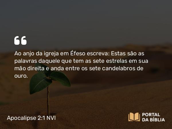 Apocalipse 2:1 NVI - Ao anjo da igreja em Éfeso escreva: Estas são as palavras daquele que tem as sete estrelas em sua mão direita e anda entre os sete candelabros de ouro.