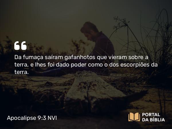 Apocalipse 9:3 NVI - Da fumaça saíram gafanhotos que vieram sobre a terra, e lhes foi dado poder como o dos escorpiões da terra.